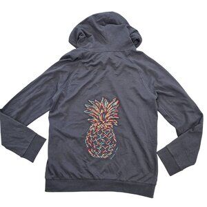 Puravida embroidered pineapple Gray Cotton Zip-Up Hoodie W Turquoise Drawstrings